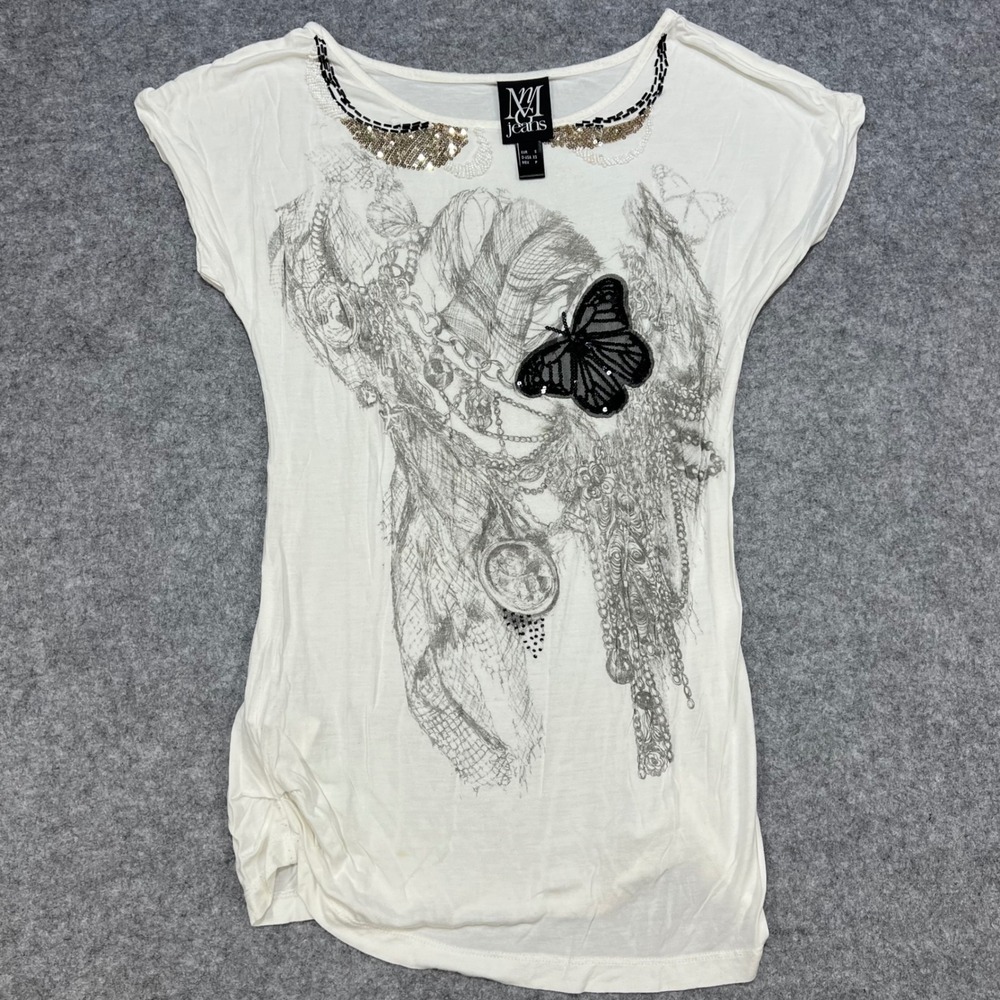 NY Jeans‎ White Embellished Butterfly Graphic T-Shirt Top Women's XS